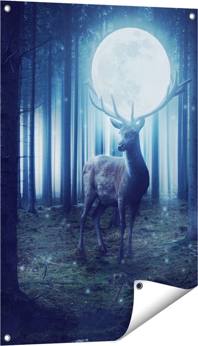 Gards Tuinposter Hert in het Bos tijdens Volle Maan - 60x90 cm - Tuindoek - Tuindecoratie - Wanddecoratie buiten - Tuinschilderij