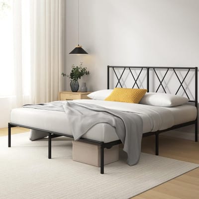 Metalen Bedframe - Bedbodem Frame - Slaapkamer Inrichten - Hoofdeinde met Kruisdesign - 135 x 190 cm - Zwart
