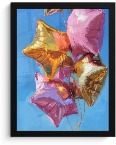 Poster in lijst - Fotolijst 30x40 cm - Posters - Ballonnen - Goud - Stervorm - Roze - Posterlijst zwart - Decoratie - Wanddecoratie woonkamer - Muurdecoratie slaapkamer