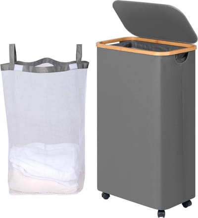 Ruimtebesparende Wasmand met Wielen, 75 Liter, Opvouwbare Wasmand met Deksel en Bamboe Handvatten voor Badkamer, Slaapkamer en Wassen