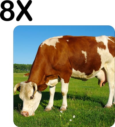 Luxe Placemat - Bruin met Witte Koe Grazend in het Gras - Set van 8 Placemats - 50x50 cm - 2 mm dik Vinyl - Anti Slip - Afneembaar