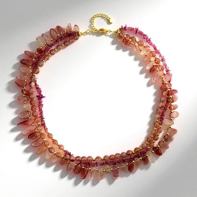 Cavill - Meerrijige Luxe Halsketting - 925 Sterling Zilver - Aardbei Kwartskristal 2,25ct & Roze Toermalijn 0,37ct - Draperende Dames Sieraad