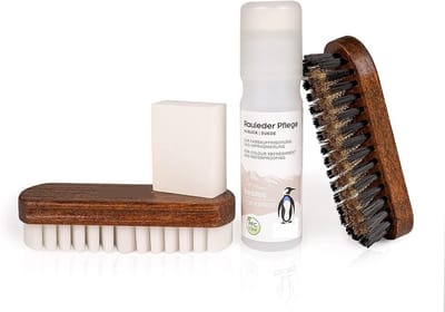 Famanu Schoenverzorgingsset voor ruw leer - Schoenpoetsset met schoenborstels voor het verzorgen van nubuckleer - Suèdeborstels - Suède gum - en verzorgingsproducten voor kleurverfrissing en impregneren van schoenen z2310