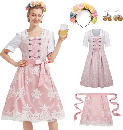 5-delige Dirndl Jurk Roze voor Dames - Oktoberfest Outfit met Blouse en Schort
