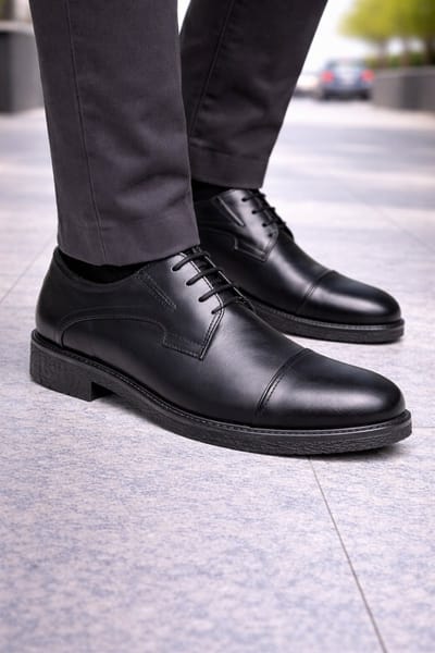 Heren Veterschoenen Echt Leer – Comfort Nette Herenschoenen – Klassieke Leren Schoen 012 - Zwart - Maat 44