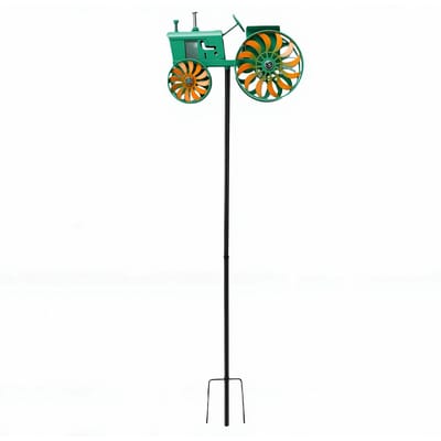 Moulin à vent de jardin Tracteur vert Piquet éolienne avec roues rotatives pour terrasse Cour Jardin Sculptures extérieures uniques