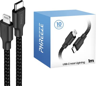 Grootverpakking geschikt voor iPhone kabels - 1m, 20w, 480mbps, nylon gevlochten, zwart - Phreeze