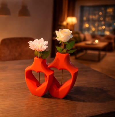 Alira Duo moderne vaas set – Decoratieve vaas - Zijde Rood - 3d geprinte vazen – geschikt voor droogbloemen - 20CM