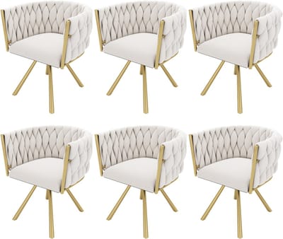 Merax Set van 6 Luxe Fluwelen Draaibare Eetkamerstoelen – Beige en Goud – Met 360° Draai - Ergonomisch Ontwerp en Stalen Poten