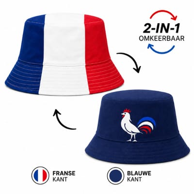 Franse Bucket Hat – Omkeerbaar Supportershoedje Frankrijk – Blauw Wit Rood met Franse Vlag – WK, EK, Voetbal, Festival & Evenementen