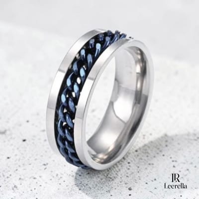 Leerella RVS Unisex Ring met Ketting Inleg Zilverkleurig-Blauw Maat 7/17,4mm – Roestvrij Staal Ring Heren & Dames – 4 Kleuren
