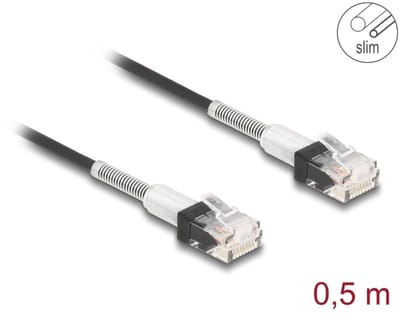 Delock RJ45 Network Cable with double bend protection Cat.6A UTP Slim 0.5 m black