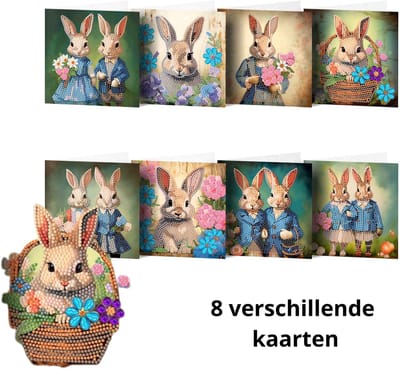 IZGO Diamond Painting Kaarten – 8 Wenskaarten met envelop - Zonder Tekst - Volwassenen – Volledig Pakket - Diamant schilderen Konijn Pasen