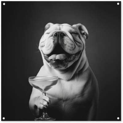 Tuinposter 100x100 cm - Tuindecoratie Buldog - Hond - Glas - Poster voor in de tuin - Buiten decoratie - Schutting tuinschilderij - Tuindoek muurdecoratie - Wanddecoratie balkondoek