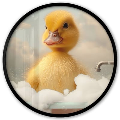 Poster in lijst Rond - Fotolijst 40x40 cm - Posters - Kuiken - Eend - Bad - Schuim - Dieren - Ronde posterlijst zwart - Decoratie - Wanddecoratie woonkamer - Muurdecoratie slaapkamer