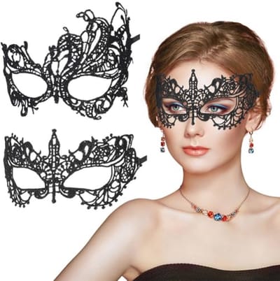 Gecostumeerd Kanten Masker Set voor Volwassenen - Zwart - 2 Stuks - Ideaal voor Halloween en Feestjes