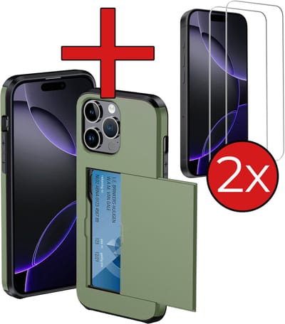 Hoesje Geschikt voor iPhone 16 Pro Hoesje Met Pasjeshouder Hard Case Met Kaarthouder Met 2x Screenprotector - Hoes Geschikt voor iPhone 16 Pro Hoesje Pashouder Case - Donkergroen