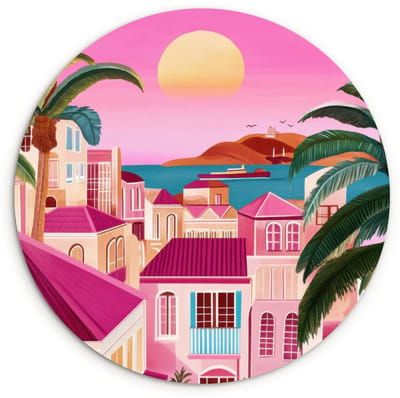 WallCircle® Wandcirkel 90x90 cm - Muurcirkel Stad - Roze - Palmbomen - Muurdecoratie woonkamer - Wanddecoratie slaapkamer - Kamer decoratie accessoires - Ronde schilderijen