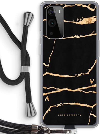 Case Company® - Hoesje met koord geschikt voor OnePlus 9 Pro hoesje met Koord - Gouden marmer - Telefoonhoesje met Zwart Koord - Bescherming aan alle Kanten en Over de Schermrand