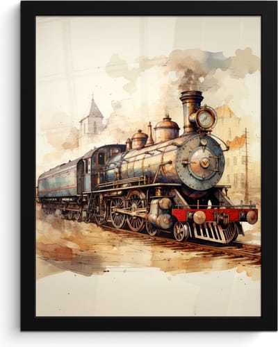 Poster in lijst - Fotolijst 30x40 cm - Posters - Vintage - Trein - Spoor - Gebouw - Beige - Posterlijst zwart - Decoratie - Wanddecoratie woonkamer - Muurdecoratie slaapkamer