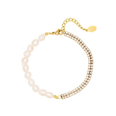 Armband - verstelbaar - goud kleurig - stainless steel - zirkoon - zoetwaterparel