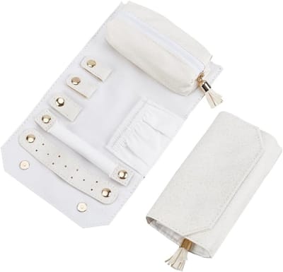 Small Travel Jewellery Case PU Leather Tangle-Free Storage Bag for Earrings Necklace White Multifunction Portable - ShopVlot