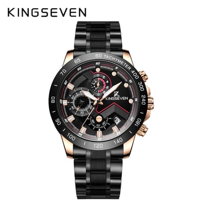 KINGSEVEN Herenhorloge – Zwart-Rosekleurig – Chronograaf – Quartz – Roestvrij Staal – Waterbestendig – Vlindersluiting – Luxe Design – Elegant