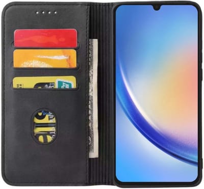Smartphonica Samsung Galaxy A34 5G kunstleren hoesje met magnetische sluiting en pashouders book case - Zwart geschikt voor Samsung Galaxy A34 5G