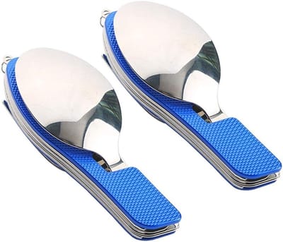 4-in-1 Camping Bestekset van RVS, Vouwbaar Bestek met Mes, Vork, Lepel en Flesopener voor Outdoor Activiteiten (Blauw)