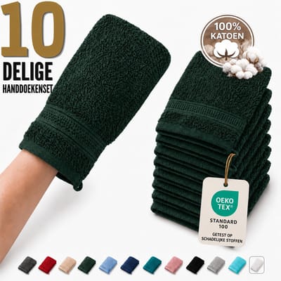 Komfortec Set van 10 Washandjes - 16x21 cm - 100% Zachte Katoen - Badstof - Sneldrogend, Donkergroen