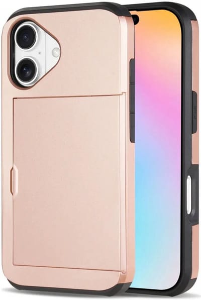 Hoesje met Kaarthouder Slider Geschikt voor Apple iPhone 16 | Back Cover Pasjeshouder Achterkant | Kaarthouder voor Twee Pasjes | Roze