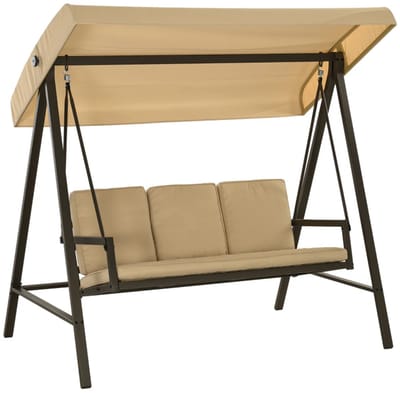 Hollywood Schommel - Schommelbank met Verstelbaar Zonnedak & Kussens - 3-zits Tuinbank - Tuinschommel 3 Personen - tot 360 kg - voor Tuin, Terras, Balkon - Tuinmeubelen - Weerbestendig - Beige + Bruin