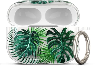 kwmobile Hoes compatibel met Apple Airpods Pro 3 Case - Zachte TPU beschermhoes - Cover in groen / transparant Tropische planten design