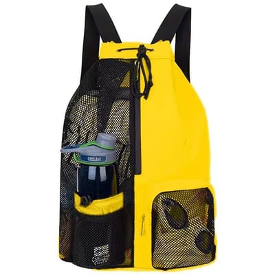 Mesh Strandtas Waterdicht Binnenvak Grote Capaciteit Trekkoord Rugzak Geel | Voor Strand Zwemmen & Fitness