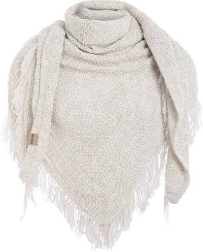 Knit Factory Amber Gebreide Omslagdoek - Driehoek Sjaal Dames - Dames sjaal - Wintersjaal - Stola - Wollen sjaal - Beige - 190x85 cm - Sjaal met franje