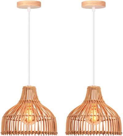 2 Stuks Hanglamp Rotan E27 Plafondlamp voor Slaapkamer Kroonluchter voor Woonkamer Keuken Hal