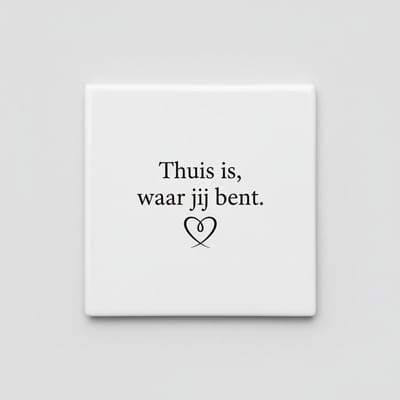 Decoratieve Keramische Tegel “Thuis Is, Waar Jij Bent” met Hart Detail – Minimalistische Liefdesquote Wanddecoratie – 15 × 15 cm