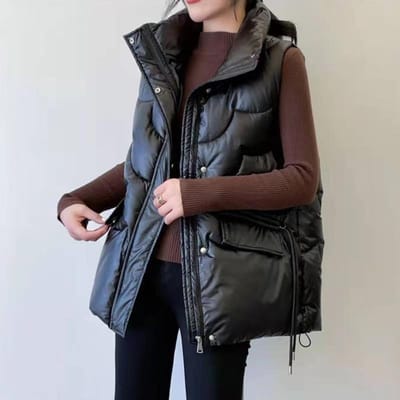 Herfst Winter Dames Dons Katoen Vest Mode Opstaande Kraag Helder Mouwloos Gewatteerde Jas Casual Trend Dames Vest Jas M zwart