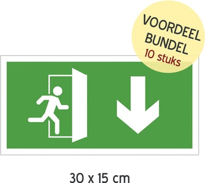 Pictogram/ bord (10x) | Nooduitgang met pijl naar beneden | 30 x 15 cm | Voordeel bundel | Doorgang vrijhouden | Brand | Calamiteit | pijl omlaag | AED | Noodgeval | Eerste hulp | Noodsituatie | Pijlen | Brandweer | 10 stuks