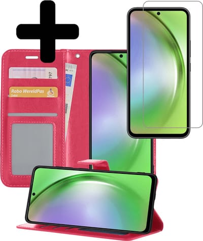 Hoesje - Met Screenprotector - Geschikt voor Samsung Galaxy A54 - Luxe Pasjeshouder - Bookcase Portemonee - Flip Case - Kunstleer Book Case - Flipcase - Book Cover - Walletcase - Portemonneehoes - Telefoonhoesjes - Donkerroze