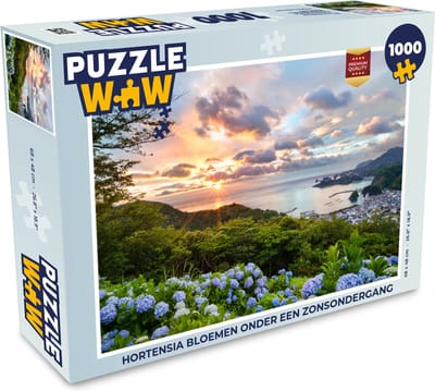Puzzel Hortensia bloemen onder een zonsondergang - Legpuzzel - Puzzel 1000 stukjes volwassenen