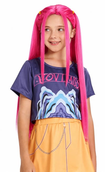 Joya Kids® K-pop Stijl Verkleedpruik Kind | Felroze Lange Pruik voor Meisjes | Demonenjager Stijl | Verkleedaccessoire voor Carnaval & Halloween | Past bij Kpop geinspireerde Verkleedset