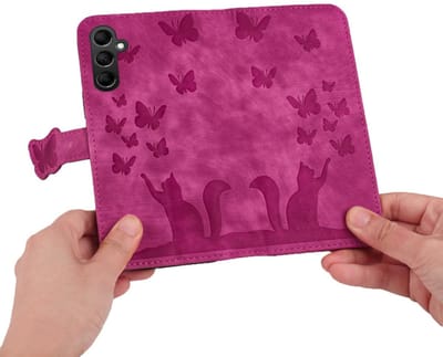 BookCover Hoes Etui geschikt voor Samsung Galaxy A56 - A36 - A37 - Vlinders en Kat - Roze - Reliëf