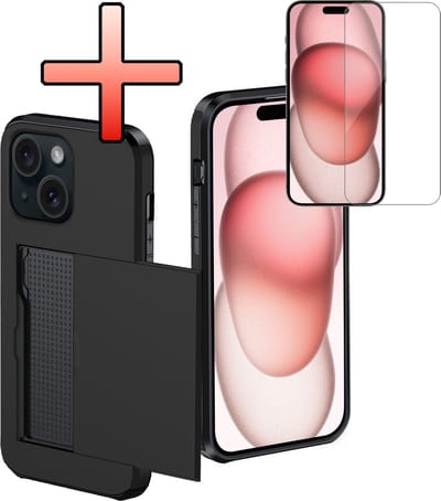 Hoes Geschikt voor iPhone 15 Hoesje Pasjeshouder Hard Cover Met Screenprotector Shock Proof Hard Case Hoes Met Kaarthouder - Zwart