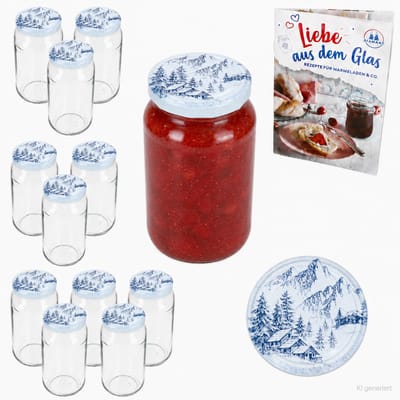 12-delige set ronde glazen 720 ml To 82 Alpen deksels incl. Diamant Gelierzauber receptenboekje