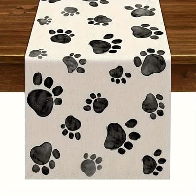 Chemin de table en lin imprimé patte de chien noir et blanc Décoration Fête d'anniversaire chiot Lavable Chemin de table style ferme Table de cuisine Décoration de la maison 150x33cm black