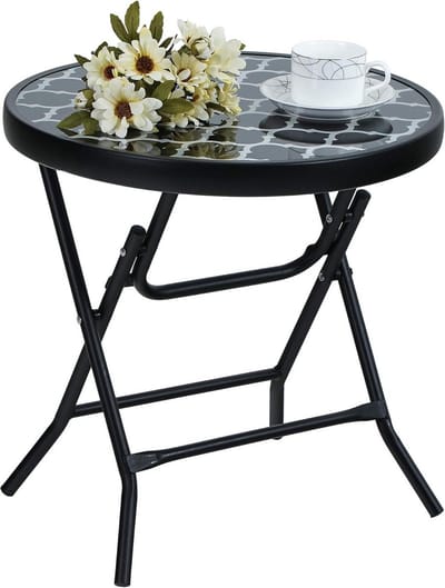 Ronde Inklapbare Bijzettafel met Glas Tafelblad - Geschikt voor Tuin, Balkon en Woonkamer