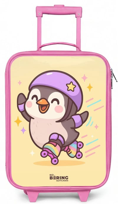 NoBoringSuitcases.com® - Kinderkoffer roze - Kindertrolley meisje - Kawai - Pinguin - Rolschaatsen - Koffer kind lichtgewicht - Reiskoffer trolley voor kinderen - Koffertje met lichtgevende wieltjes - Rolkoffer