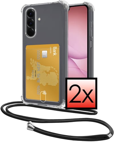 Hoes Geschikt voor Samsung Galaxy A17 Hoesje Pasjeshouder Cover Met Koord Shock Proof Case Siliconen Hoes Met Telefoonkoord en Kaarthouder - Transparant - 2 PACK