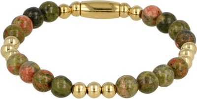 My Bendel - Damesarmband Goudkleurig met Unakite Edelsteen Elastisch - Goudkleurige Unakite Armband Elastisch - Aardend & Inzicht Gevend - met Luxe Cadeauverpakking | Sieraden Voor Dames | Maat S